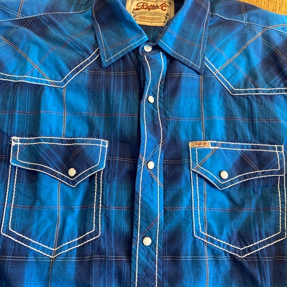 RAFTER C Cowboy Collection Western Shirt Blue Plaid Pearl Snap Button Up Men’s L - Picture 4 of 14